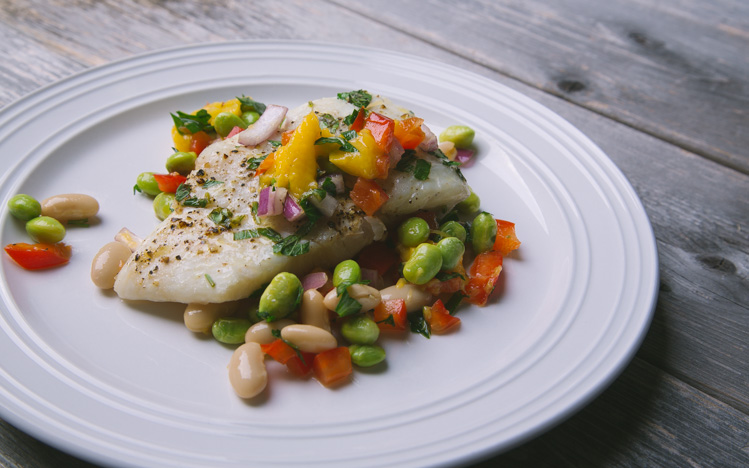 Halibut with Mango and Edamame Salad
